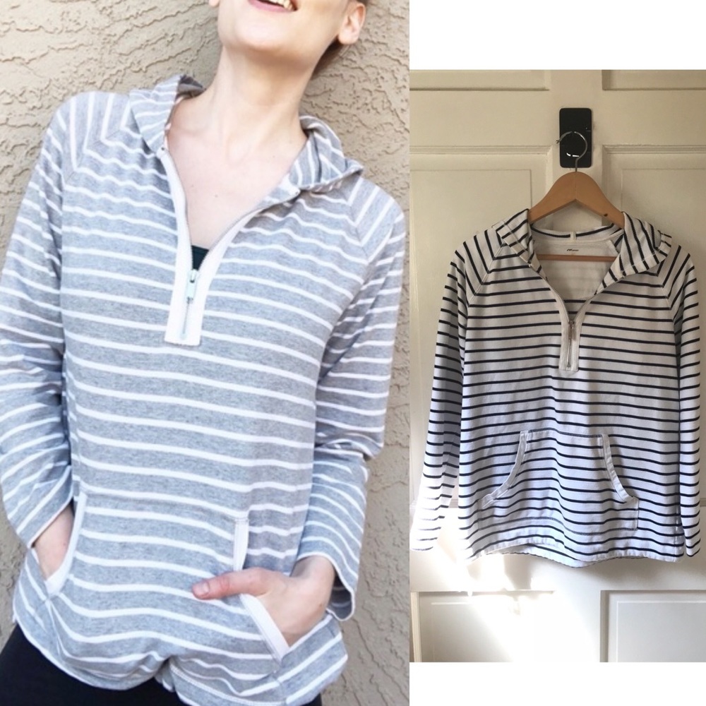 Anne Klein Sport white & navy nautical striped 1/4-zip, pouch pocket hoodie